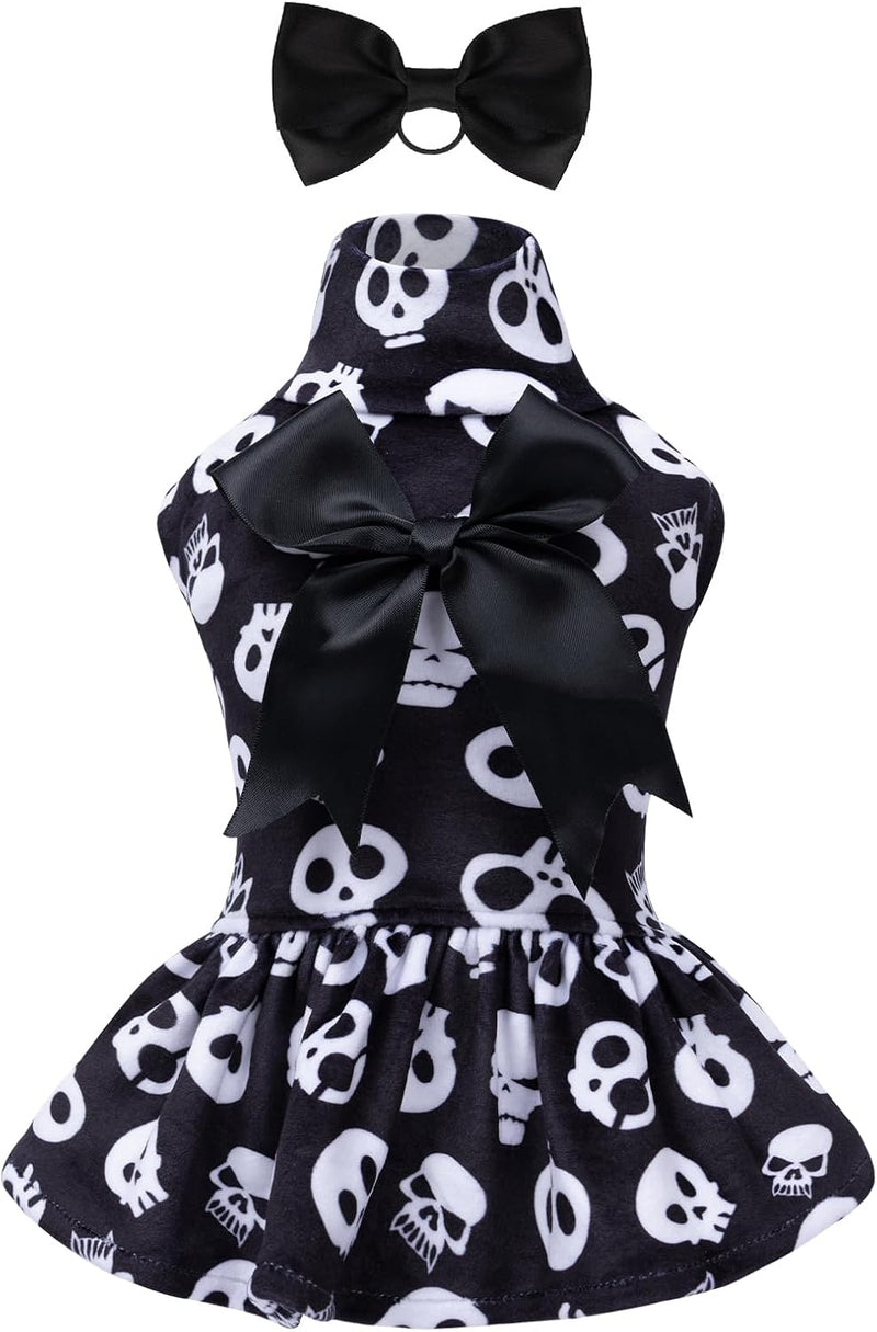 CuteBone Turtleneck Dog Velvet Dress Halloween Puppy Skirt Costume Pet Clothes Cat Apparel with Bow Hair Rope for Small 