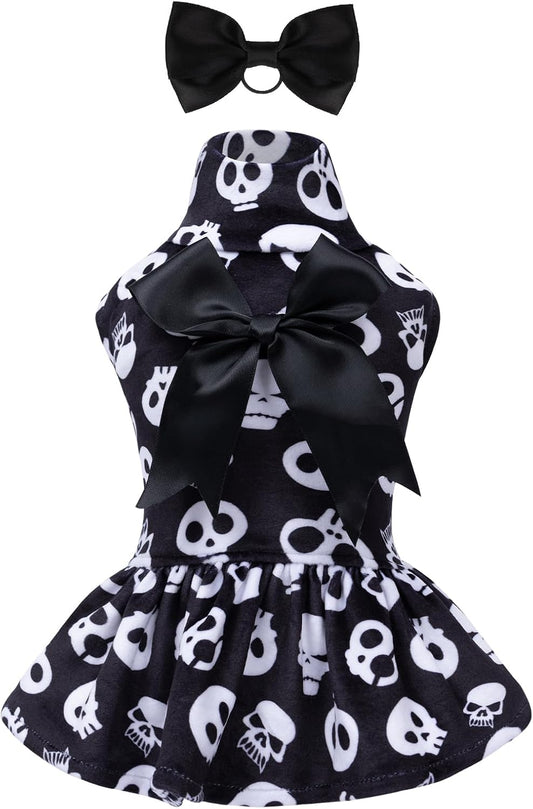 CuteBone Turtleneck Dog Velvet Dress Halloween Puppy Skirt Costume Pet Clothes Cat Apparel with Bow Hair Rope for Small 
