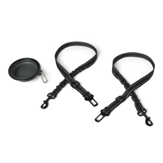 Amazon Basics Dog seat Belt, Adjustable Dog Car Harness, Adjustable Length 26"-39", Includes Collapsible Travel Bowl, Black