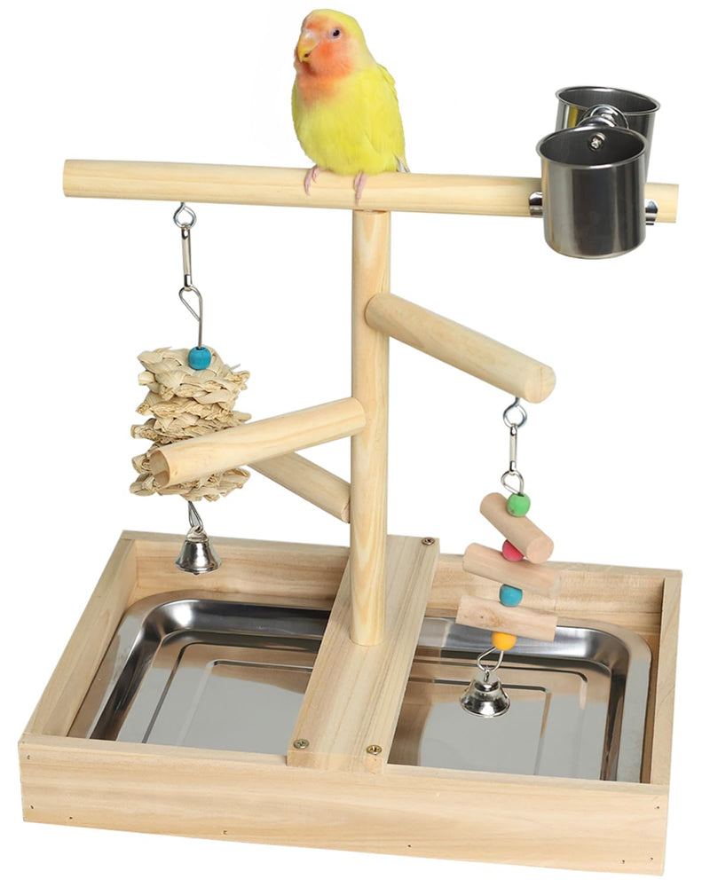 Bird Playground, Natural Wood Bird Play Stand with Stand Perch, Two Toys, Two Food Cups, and Removable Tray, Suitable for Lovebirds, Cockatiels, Budgies, Parakeets, and Other Small Birds