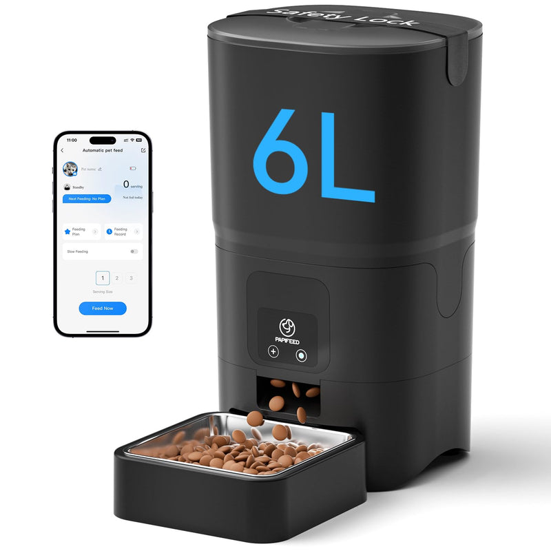PAPIFEED Automatic Cat Feeder with App, 2.4G WiFi Cat Food Dispenser, 6L Timed Cat Feeder for Dry Food, 10 Meals/Day, 12 Portions/Meal, Dual Power Supply Smart Pet Feeder for Small Dog, Black