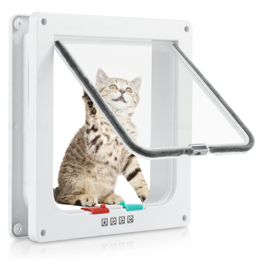 Cat Door for Interior Exterior Door (Outer Size 9.8" x 9.3"), 4-Way Locking Flap for Cats & Dogs(Circumference < 23"), Weatherproof Pet Door, White, ABS Material (L)