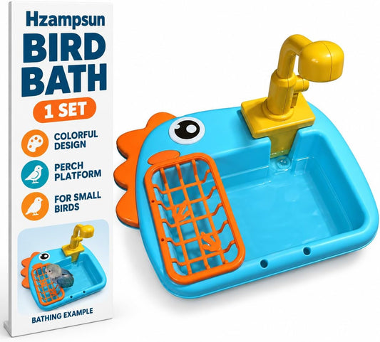Hzampsun Automatic Bird Shower & Parrot Bath Fountain,Cage Mountable Bath Tub with Automatic Watering Faucet for Cockatiels,Budgies,Conures & Lovebirds