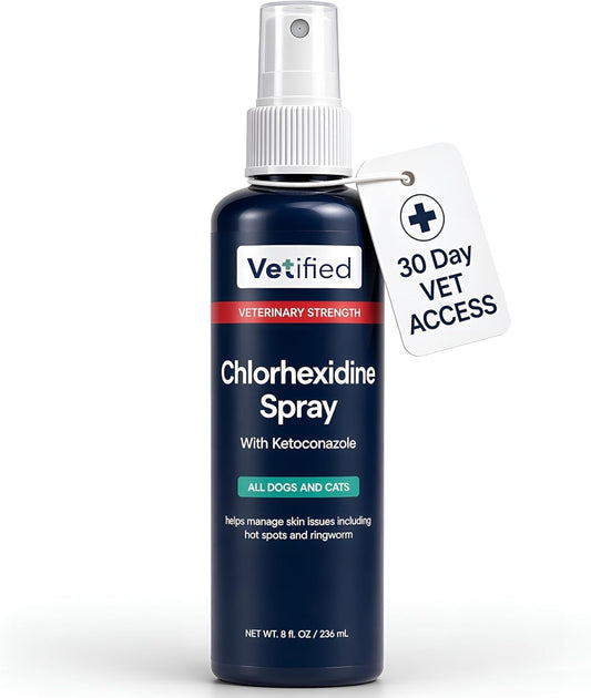 VETIFIED Chlorexhidine Spray for Dogs | Veterinary Strength Anti Itch for Dogs for Hot Spots, Rashes & Itchy Paws 8 fl oz (+ 30 Day Vet Access) | NDC 86247-002-08