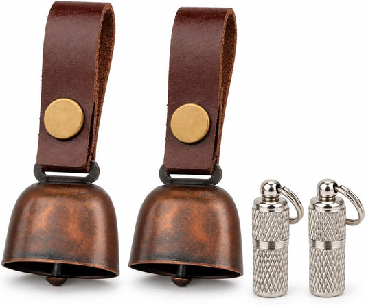 kcrygogo Dog Collar Bell with Leather Snap Strap, 2 Pack Loud Pet Collar Bells for Dogs, Jingle Bell to Help Locate Your Dog, Includes 2 ID Capsule Tags, Vintage Copper Bell Collar Accessory