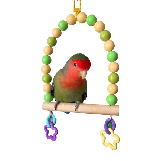 Wooden Bird Cage Swing Perch for Parakeets,Small Parrots Swings Stands with Green Yellow Acrylic Beads Bells, Birdcage Playground Gym Accessories Hanging Climbing Toy for Lovebirds Budgies