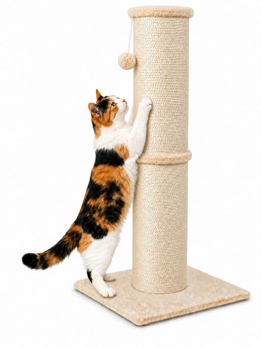 PAWSCRAT Cat Scratching Post 32 Inch High, 5.5 Inch Large Diameter Natural Sisal Cat Scratch Post, Scratch-Resistant and Durable Tall Cat Scratcher for Indoor Cats, Protect Your Furniture, Beige