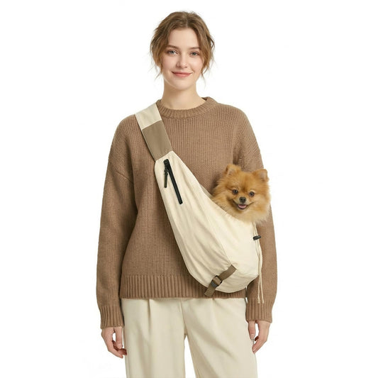 Dog Carrier Sling for Small Dogs/Cats Up to 15 lbs - Multi-Pocket Oxford Pet Sling Carrier Bag with Adjustable Strap (Beige)