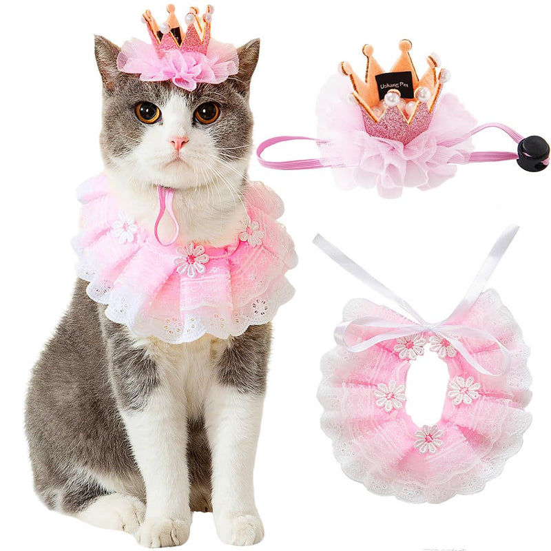 Ushang Pet Cat Princess Costumes Cat Crown Hat & Lace Bandana Scarf Set, Puppy Party Hat for Small Dogs & Cats, Lace Outfit for Cats and Small Dogs Birthday Party (Pink)