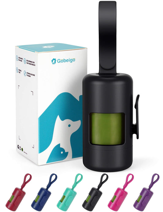 Gobeigo Dog Poop Bag Holder【Convenient Hook for Used Bags】【Silicone Strap Fits Any Leash】【Large Opening for Easy Dispensing】with 1 Roll Waste Bags (Black)