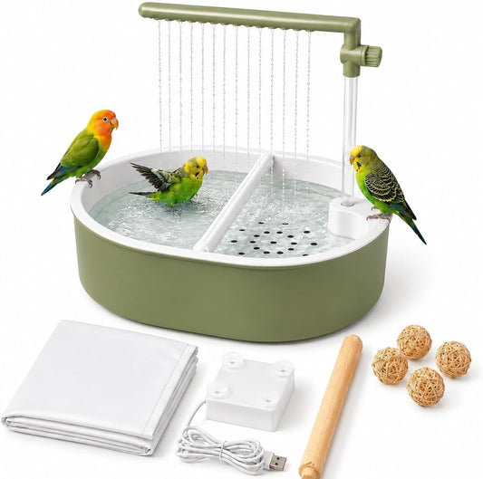Bird Bath for Cage, Automatic Parakeet Bird Shower Fountain with 4 Natural Rattan Balls, Waterproof Mat, Adjustable Valv