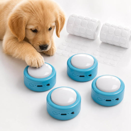 Set of 4 Small Voice Recording Buttons, Loud Clear Dog Cat Recorder for Animal Communication, Blue Pet Training Talking 
