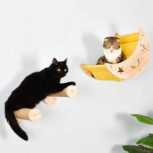 Wall Cat Bed Moon Hammock Wall Mounted Shelf with 2 Steps Climbing Sheves and Sisal Platforms Rope Scratching Post Wood 