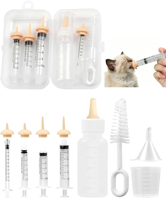 7 Piece Kitten Bottle Feeding Kit Nursing Bottle Set with Feeding Syringe Soft Silicone Nipples for Newborn Kittens Pet Supplies for Cat Owners White BPA-Free Plastic
