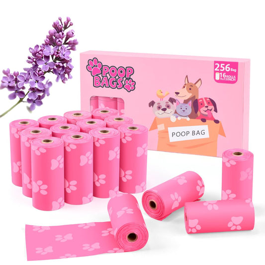 LIAYLILI Poop Bags Rolls 256 Count - 9x13 Inches Pink Thickened Leakproof Lavender scent Poo Bags for Dogs, Eco-Friendly Pet Waste Bags for Walking,Travel,Home.