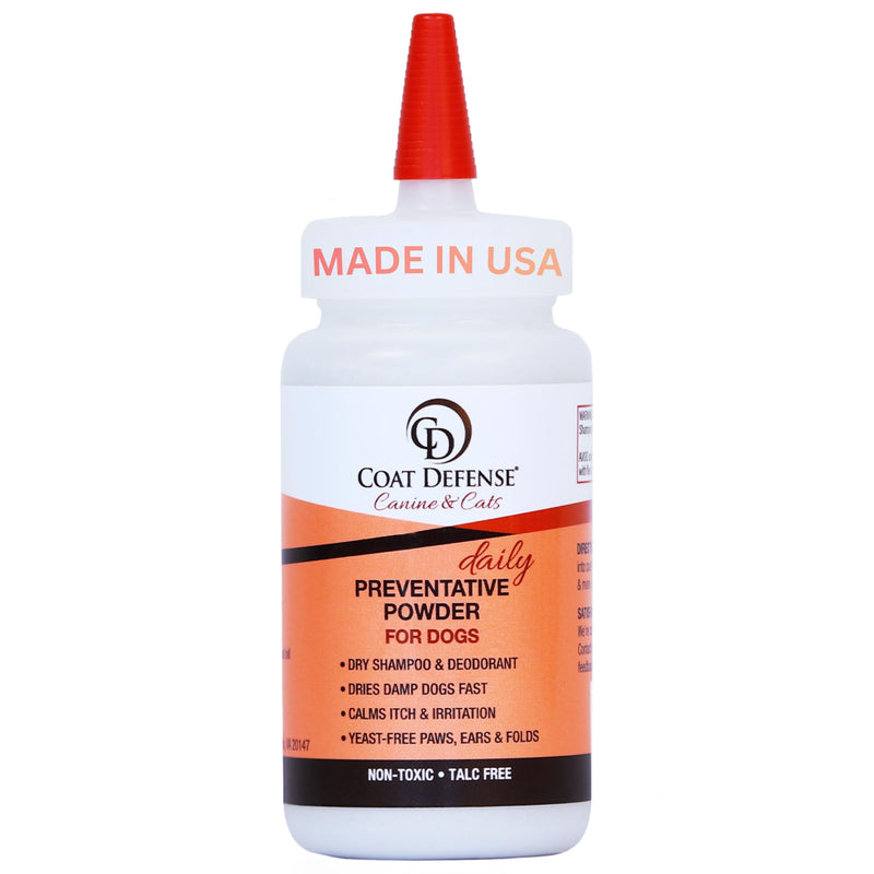 COAT DEFENSE Daily Preventative Powder | Made in USA | 4.2oz Precision Point Waterless Dog Shampoo & Pet Deodorizer for Smelly Dogs | Provides Anti Itch Relief | Dog Dry Shampoo for Dry Itchy Skin