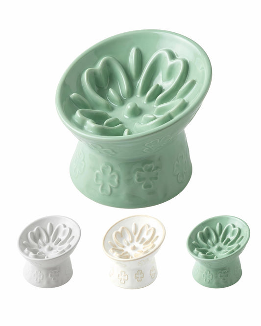 TRUVIC Ceramic Slow Feeder Cat Bowl, 15° Tilted Elevated Cat Slow Eating Bowl for Neck Protection, Anti Vomiting Dog Slow Feeder, Whisker Friendly & No Black Chin for Cats and Small Dogs, Green