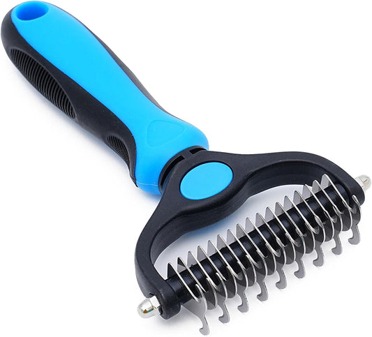 Pet Grooming Rake for Dogs & Cats - Double-Sided Deshedding and Dematting Tool, Gently Remove 95% of Loose Undercoat & Mats for Long-Haired Pets, Painless Fur Brush for Shedding Control (Blue, M)