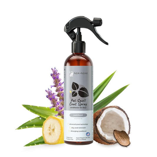 kin+kind Dog Coat Spray (12 fl oz) - Deodorizing Patchouli Formula with Long Lasting Dog Cologne Scent with Aloe Vera - Safe, Natural Odor Eliminator for Dogs - Made in USA (Patchouli)