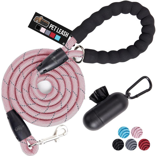 GORILLA GRIP Dog Leash, Heavy Duty Reflective Rope Leashes for 33lb Dogs, Cats, Small Animals, Puppy Training Essential for Walks, Hikes, Soft Handle, Rotating Metal Clip, Waste Bag Dispenser, Pink