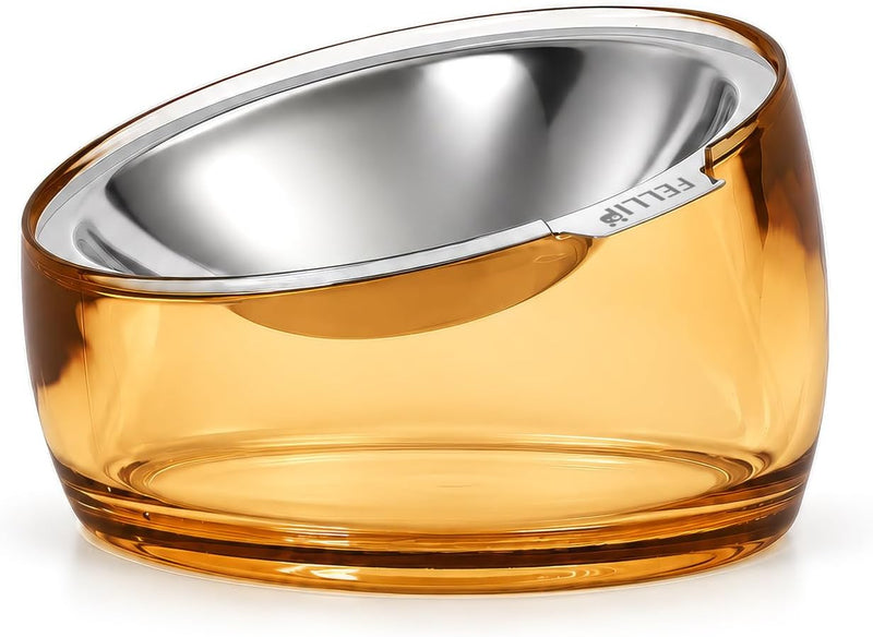 Felli Pet Oblik Whisker Fatigue Cat Food Bowl Raised Stainless Steel Shallow Dish, Pet Design Anti Vomit Tilted Metal Plate Feeder Elevated Acrylic Base for Treats Storage(Gold, 0.5 Cups Shallow Dish)