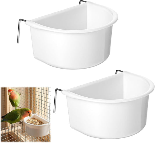 2 Pack Bird Cage Feeder, Plastic Hanging Feeder Cup with Metal Hooks Food and Water Dispenser Bowl for Small Birds Parak