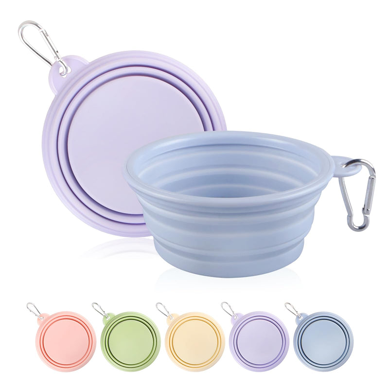 Collapsible Dog Bowls 2-Pack, Portable Travel Dog Bowl with Carabiner, Food-Grade Silicone Pet Bowl for Hiking, Walking (Macaron Blue and Violet)