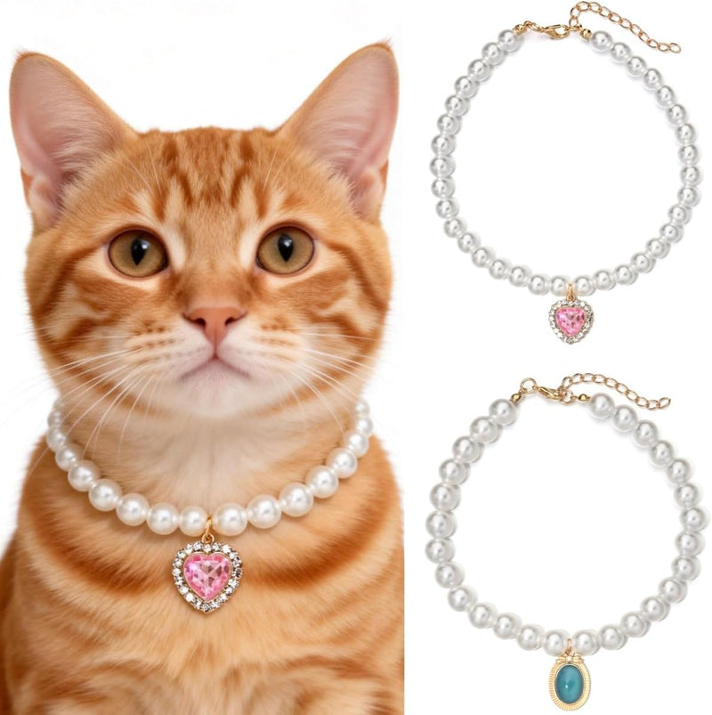 Cat Dog Sparkle Jewelry Pearl Collar Puppy Kitten Rhinestone Pendant Adjustable Charm Necklace for Small Pets Wedding Ph