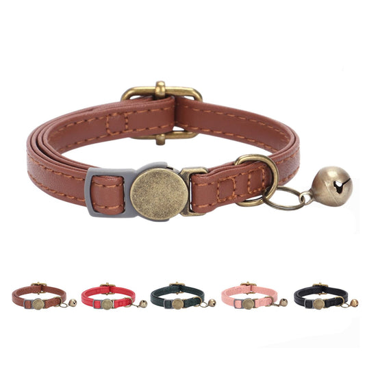 THAIN Leather Cat Collar with Bell Breakaway- Adjustable, Durable, Retro Bell fit Most Cats and Kittens (Brown)