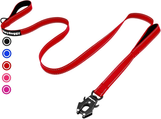 Strong Heavy Duty Dog Leash - 6ft Reflective Nylon Training Leash with Soft Padded Double Handle & Auto Lock Frog Clip -