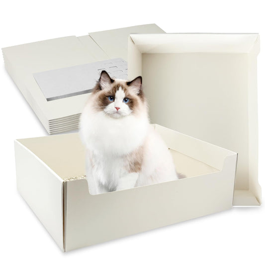 Seuqhck 8 Pack White Disposable Litter Boxes for Cats, 14.8 Inch Foldable Paper Kitty Tray with Scoop, Waterproof Cardboard Travel Litter Box for Cats Small Pets - Low Entry