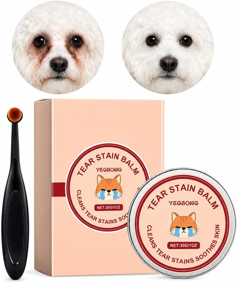 Tear Stain Remover Balm for Dogs & Cats with Soft Brush, Gentle Eye Area Care for White Fur Pets, Helps Clean Brown Mark