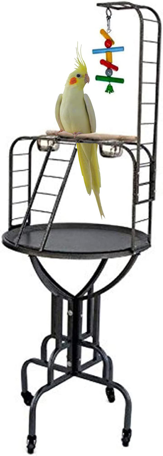 Elegant Design and Strong Wrought Iron Parrot Cockatiel Cockatoo Bird Play Gym Ground Rolling Stand with Metal Pan & Climbing Ladder