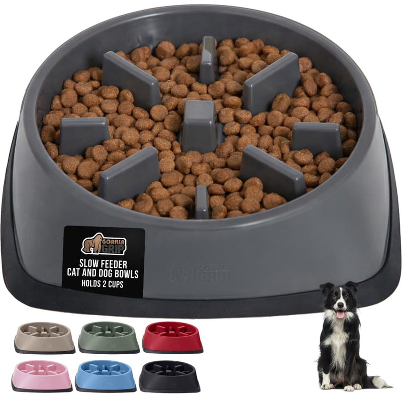 GORILLA GRIP® Patented BPA Free Slow Feeder Dog Bowls, Interactive Puzzle Toy for Dogs and Cats Food Training Enrichment, Keeps Pets Busy and Prevents Puppy Overeating, All Breeds, 2 Cup, Gray
