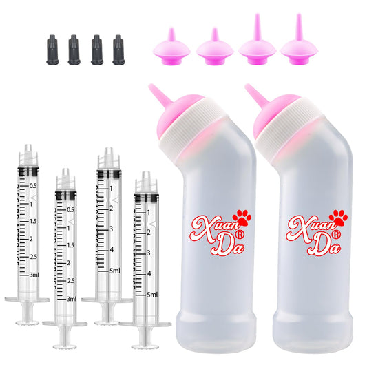 Xuanda Kitten Nursing Nipple with Syringe, Wide Mouth Angled Puppy Feeding Bottles, with Ventilation Valve Resistant Tearing for Puppies, Kittens, Rabbit, Small Wildlife (M Nipple,Pink)