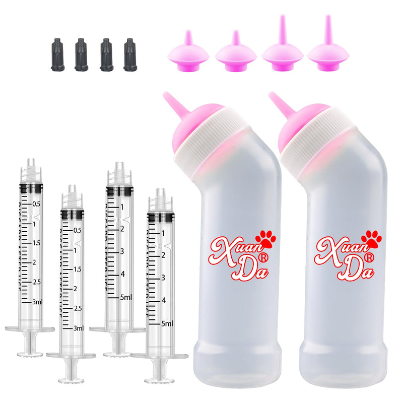 Xuanda Kitten Nursing Nipple with Syringe, Wide Mouth Angled Puppy Feeding Bottles, with Ventilation Valve Resistant Tearing for Puppies, Kittens, Rabbit, Small Wildlife (M Nipple,Pink)