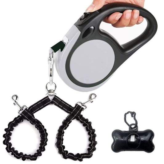 Dual Retractable Dog Leash for 2 Large Dogs (Up to 110 Lbs Each) - Double Headed 18.5 ft Extendable Pet Leash with Poop Bags, Non Slip Grip - One Button Break & Lock, 360 Tangle-Free (Gray, Large)