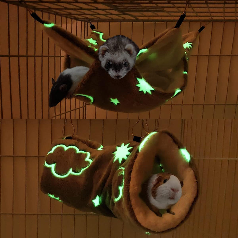 LEFTSTARER Noctilucent Luminous Guinea Pig Rat Hammock Bunkbed Hanging Tunnel and Soft Bed Mat for Ferret Hedgehog Squir