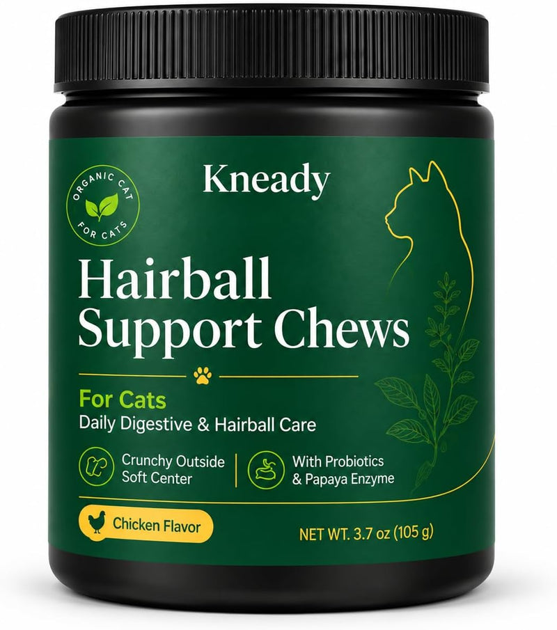 Kneady Hairball Support Chews for Cats, Chicken Flavor Daily Cat Treats with Probiotics & Papaya Enzyme, Crunchy Outside