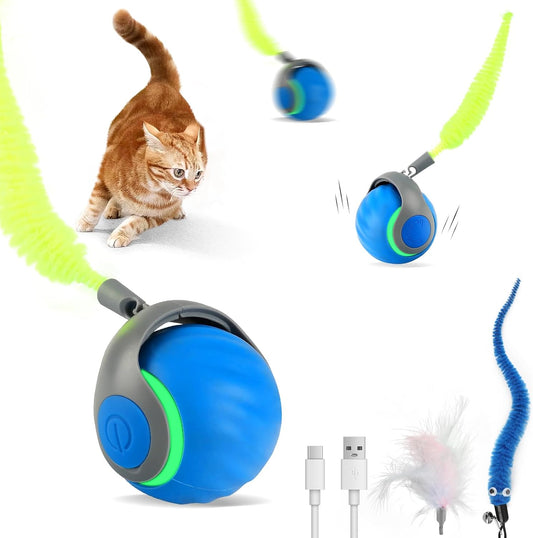 Interactive Cat Toys for Indoor Cats​​-​​Rechargeable​​ Moving ​​Cat Toy Ball​​ with USB Charging, 3 Speedy Replaceable 