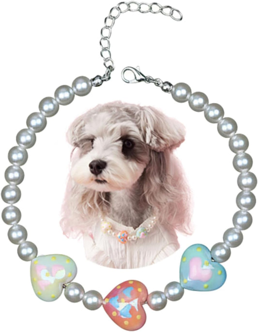 Medium Dog Cat Pearl Necklace, Adjustable Pet Jewelry Chokers with Heart Bead, Colorful Fashion Accessories for Puppy, K