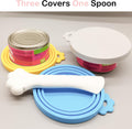 Giozoc Cat Food Can Covers Lids & White Spoon, Pink/Orange/Sky Blue Lids, Can Covers for Dog/Cat Food Cans, Fit 3 Standard Size Pet Food Cans, Spoon with Opener Paw & Mini Spatula