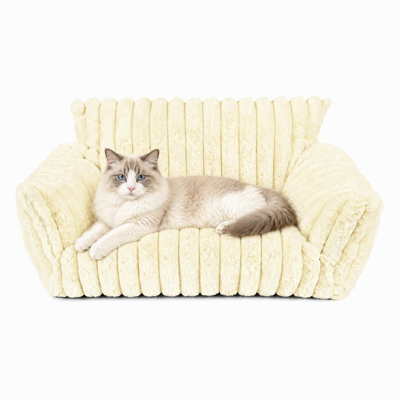 Pesonlook Cream White Plush Pet Sofa Bed for Cats and Small Dogs, 24 x 18 x 10 in Luxury Ribbed Cat Couch with Raised Back and Armrests, Soft Cozy Indoor Pet Bed for Kittens, Puppies and Small Pets