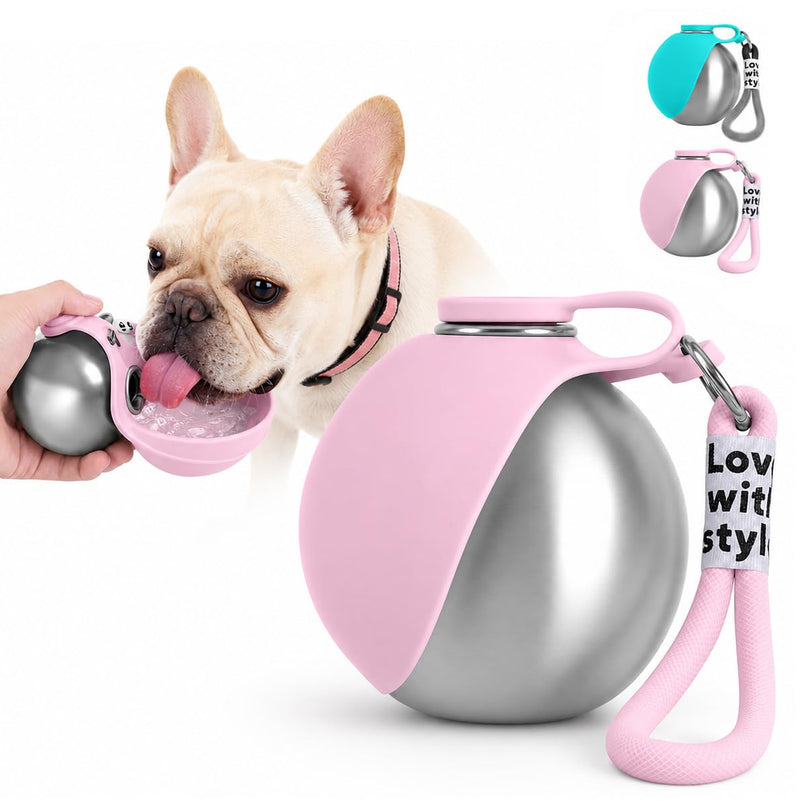 Portable Dog Water Bottle, 10 oz Stainless Steel Pet Travel Dispenser with Silicone Foldable Bowl, Leak Proof Tumbler, Dog Walking Accessories for Hiking and Small Pets (Pink)