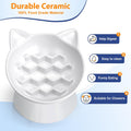 Ceramic Slow Feeder Cat Bowl, 2 Cups Tilted Elevated Cat Slow Feeder Bowl for Dry and Wet Food, Honeycomb Design for Preventing Vomiting & Bloating (White-Cute Kitten)