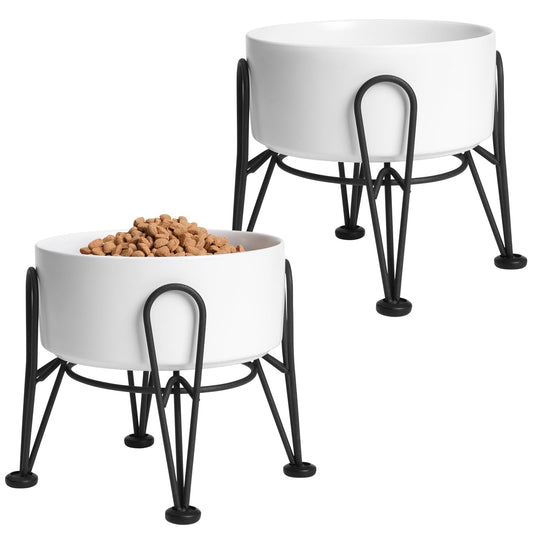 Kitwinney Elevated Dog Bowls, Ceramic Raised Dog Bowl Set with Anti-Slip and Non-Tip Metal Stand, 2 Pack Pet Food and Water Feeding Bowls for Small and Medium Dogs (White,3.6 Cups)