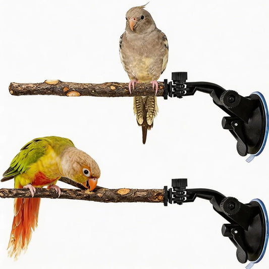 2 PCS Parrot Perch Stand, Movable Perch Stand Bird Training Set, Wood Parrot Perch Stand with Strong Suction Cup for Cockatoo, Macaw, Parakeet, Window Mirror Car Shower Ceramic Tiles Bath