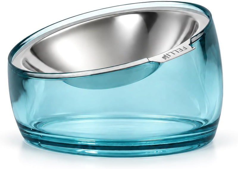 Felli Pet Oblik Whisker Fatigue Cat Food Bowl Raised Stainless Steel Shallow Dish, Pet Design Anti Vomit Tilted Metal Pl