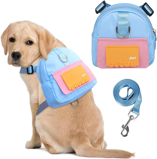 Dog Backpack Harness with Leash,Cute Pet Puppy Backpacks Bulid-in Dog Poop Bag Dispenser,Adjustable Pets Self Carrier Ba