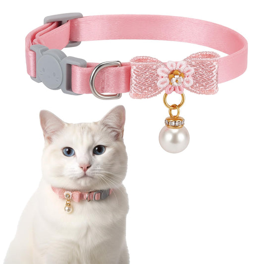 LXUEJIE Cat Collar Breakaway, Adjustable Pink Cat Collar with Pearl Pendant, Cute Cat Collars with Safety Buckle Pink Bowtie Kitten Collars for Girl Cats